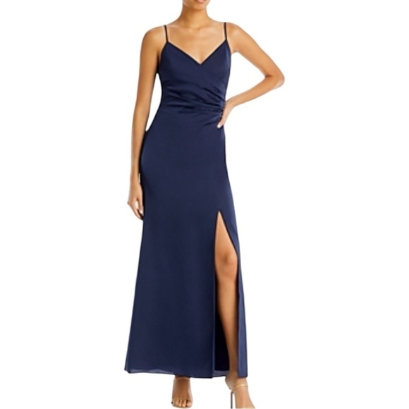 NWT Aqua Bloomingdale's Navy Pleated Vneck Gown Size 12 - Picture 1 of 7